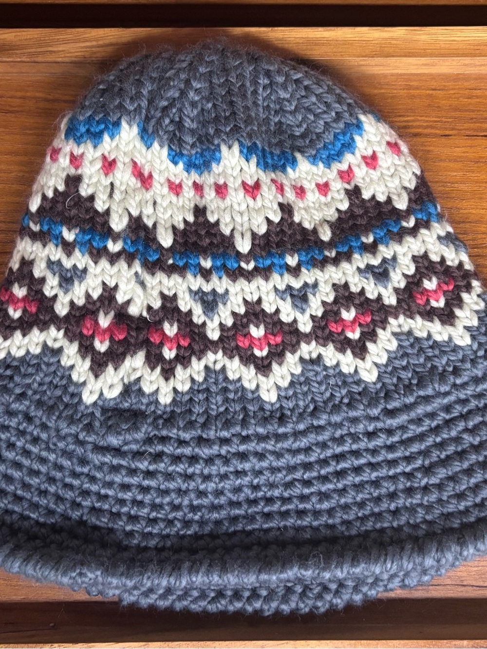 Free People Gray Knit Bucket Hat Beanie with Patterned Accents